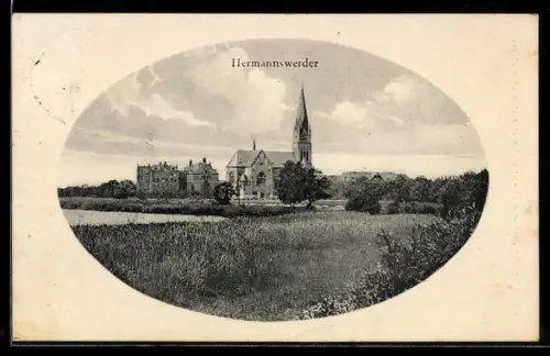AK Hermannswerder, Ortsansicht mit Kirche