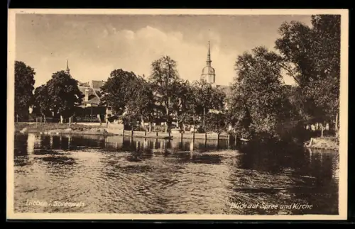 AK Lübben i. Spreewald, Blick auf Spree und Kirche