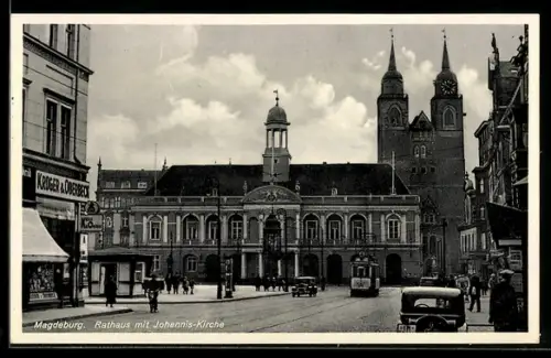 AK Magdeburg, Rathaus mit Johanniskirche und Strassenbahn