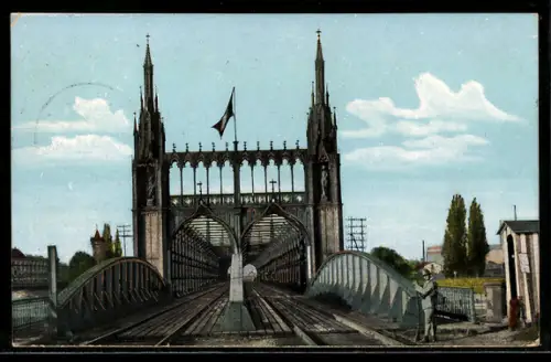 Goldfenster-AK Kehl, Eisenbahnbrücke mit Goldreflexen