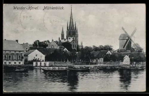 AK Werder /Havel, Blick zur Windmühle von der Havel, Ruderboote
