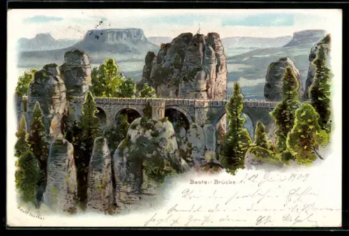 Lithographie Bastei, Bastei-Brücke, Felsenlandschaft