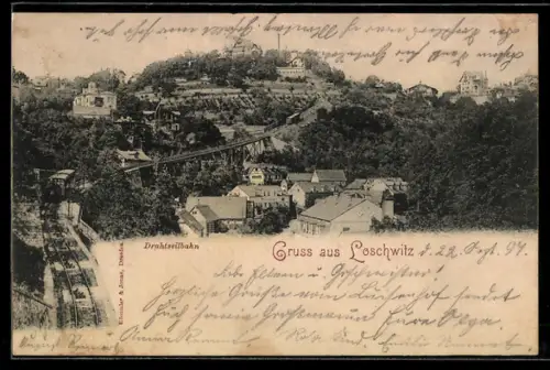 AK Dresden-Loschwitz, Teilansicht des Ortes mit Drahtseilbahn