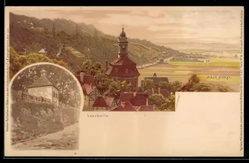 Lithographie Dresden-Loschwitz, Kirche, Schillerhaus