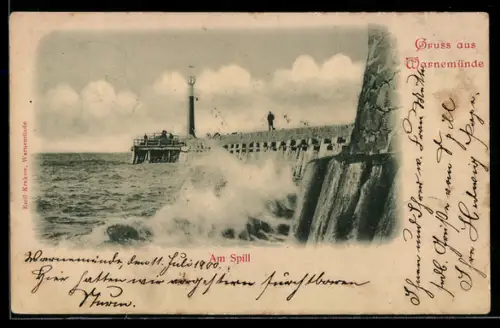 AK Warnemünde, Am Spill, brandende Wellen an der Mole
