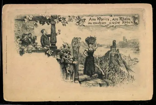 AK Bauern und Trinkende bei der Weinernte am Rhein