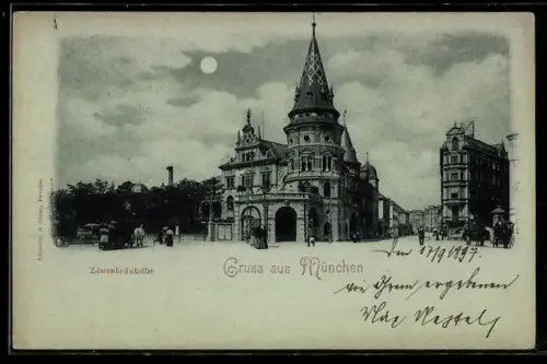 Mondschein-AK München, Löwenbräu-Keller bei Nacht