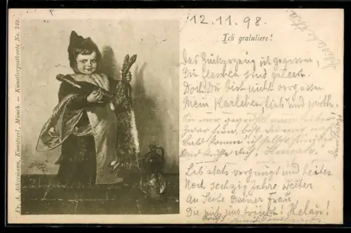 AK Münchner Kindl mit Sektflasche und Kaninchen