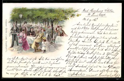 Lithographie Gesellschaft im Aussenbereich eines Restaurants