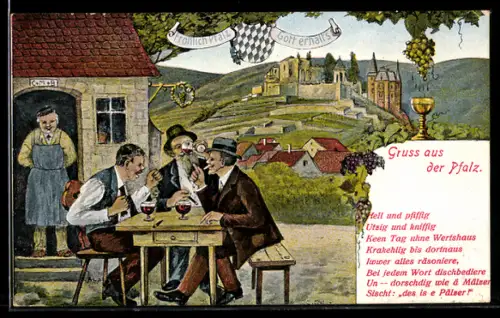 AK Weintrinker in der Pfalz mit Ortspartie im Hintergrund