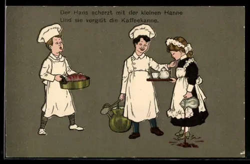 AK Zwei Köche mit einem Hausmädchen, das Kaffee vergiesst
