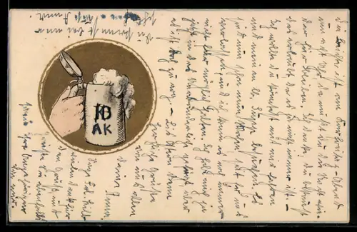 AK Hand mit einem Deckenschoppel voller Bier in der Hand