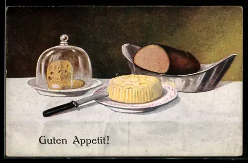 AK Gedeckter Tisch mit Kuchen, Käse und Schinken