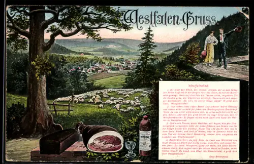 Lied-AK Westfalenlied mit einer schöne Landschaft und Schafsherde
