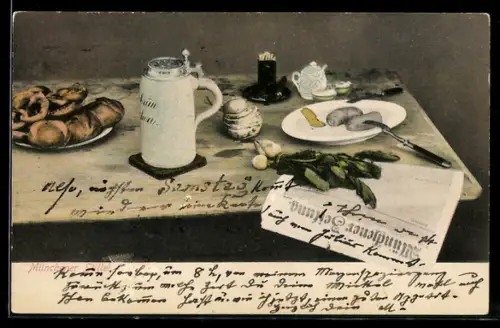 AK Gedeckter Tisch mit Brezeln, Deckelschoppen und Wurst