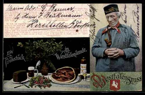 AK Heimatbilder aus Westfalen, Westfoolenlied, Frühstückstisch, Westfale mit Tabakpfeife