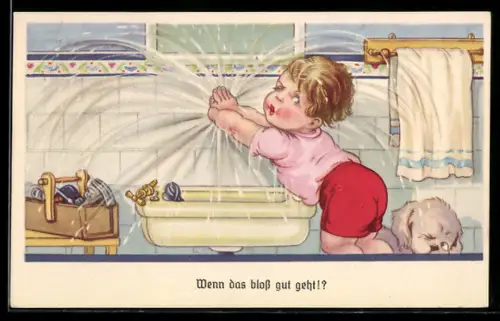 AK Kinderhandwerker hält sprudelnden Wasserhahn zu