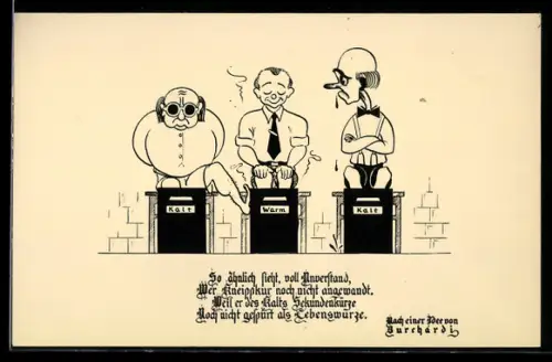 AK Männer haben ihre Füsse in Becken mit Wasser in unterschiedlicher Temperatur, Badekultur