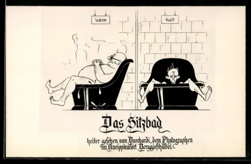 AK Zwei Männer in unterschiedlich kalten Badewannen, Das Sitzbad, Badekultur