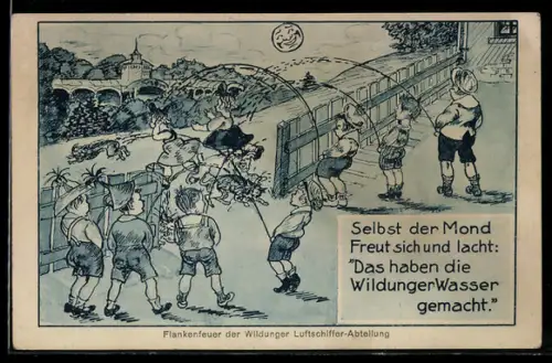 AK Gruppe von Jungs uriniert auf zwei weglaufende Frauen, Wirkung vom Wildunger Wasser, Badekultur