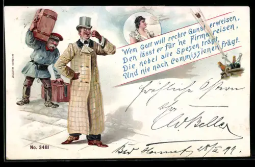 Lithographie Page trägt das Gepäck eines feinen Herren