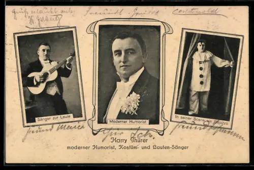 AK Humorist Harry Thürer mit Gitarre und in seiner Szene als Bajazzo