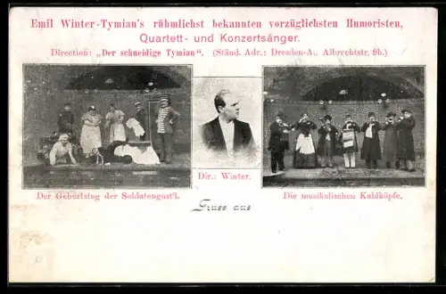 AK Komiker Emil Winter im Portrait, mit musikalischen Kahlköpfen und Geburtstag der Soldatengust`l