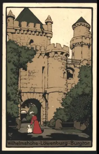 Steindruck-AK Cassel-Wilhelmshöhe, Löwenburg, Burgtor
