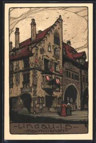 Steindruck-AK Lindau i. B., Partie an der Maximilianstrasse