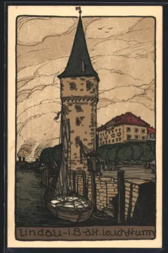 Steindruck-AK Lindau i. B., Der alte Leuchtturm