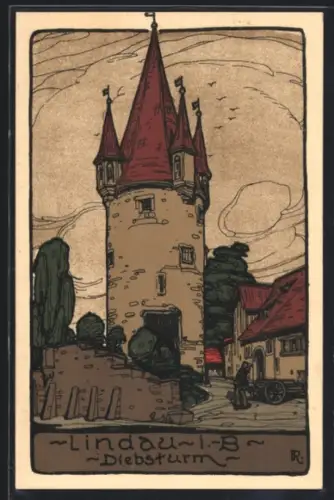 Steindruck-AK Lindau / Bodensee, Ansicht vom Diebsturm