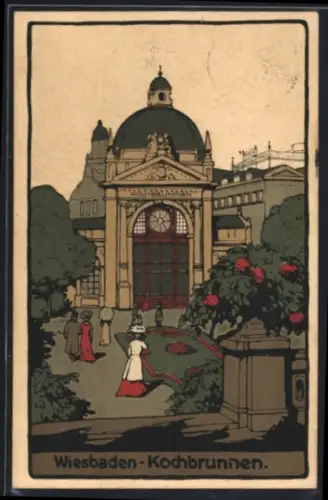 Steindruck-AK Wiesbaden, Kochbrunnen mit Treppe u. Anlage
