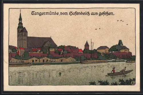 Steindruck-AK Tangermünde, Stadtpanorama vom Hafendeich aus, Kirche, Ruderpartie