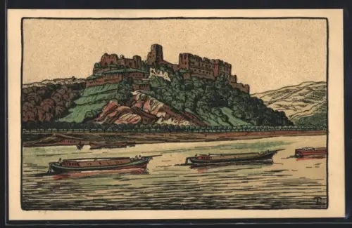 Steindruck-AK St. Goar, Ruine Rheinfels mit Frachtkähnen