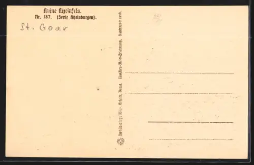 Steindruck-AK St. Goar, Ruine Rheinfels mit Frachtkähnen