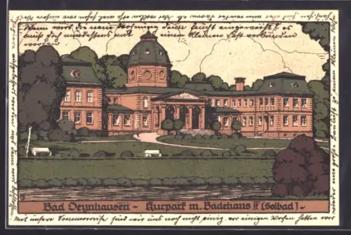 Steindruck-AK Bad Oeynhausen, Kurpark mit Badehaus IV. (Solbad)