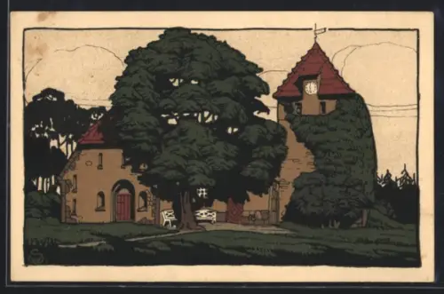 Steindruck-AK Thomasburg, Blick auf die Kirche anno 1059