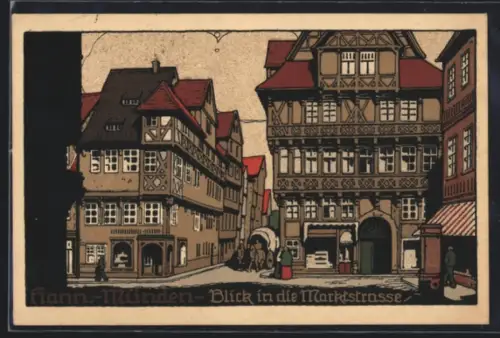 Steindruck-AK Hann Münden, Blick in die Marktstrasse mit Kutsche und Fussgängern