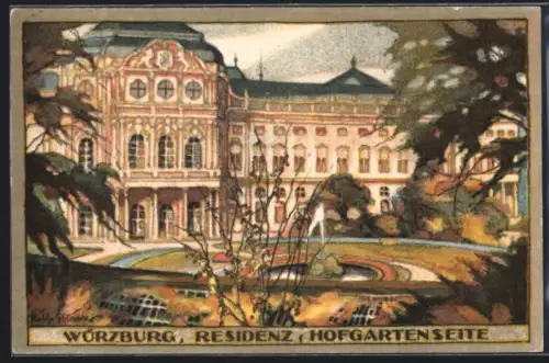 Steindruck-AK Würzburg, Residenz, Hofgartenseite