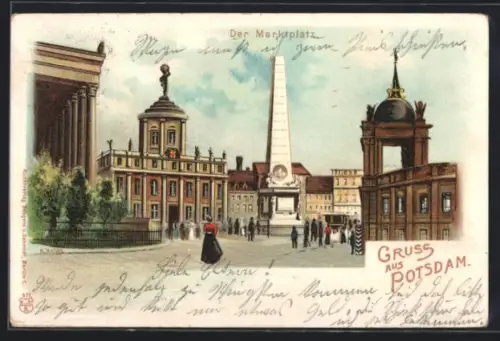 Lithographie Potsdam, Marktplatz mit Obelisk und umgebenden Gebäuden