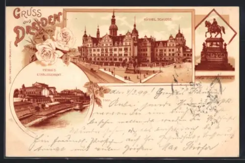 Lithographie Dresden, Königl. Schloss, Helbigs Gasthaus, Reiterstandbild König Johann