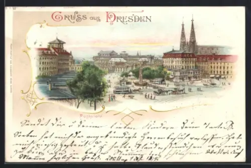Lithographie Dresden, Postplatz, Strassenbahn, Kirche
