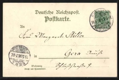 Lithographie Dresden, Postplatz, Strassenbahn, Kirche