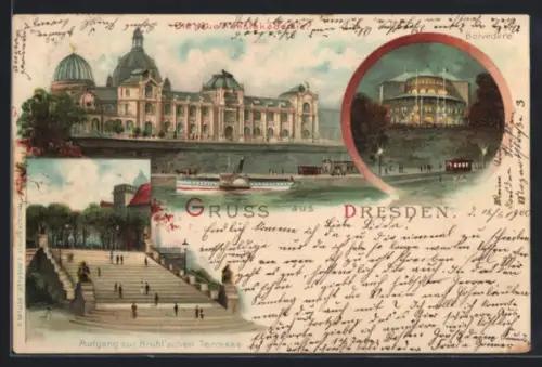 Lithographie Dresden, Kunstakademie, Belvedere, Aufgang zur Brühl`schen Terrasse