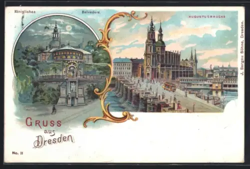 Lithographie Dresden, Königliches Belvedere, Augustusbrücke