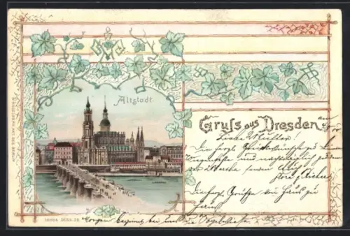 Lithographie Dresden, Altstadt, Brücke, Frauenkirche