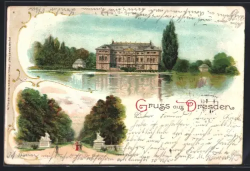 Lithographie Dresden, Palais im Grossen Garten, Eingangstor