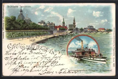 Lithographie Dresden, Brühlsche Terrasse, Promenadendeck Dampfer Bodenbach