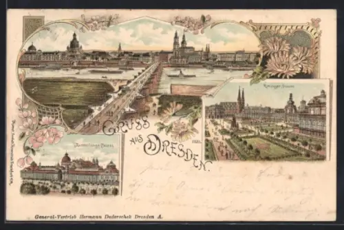 Lithographie Dresden, Augustusbrücke, Ausstellungspalast, Zwinger