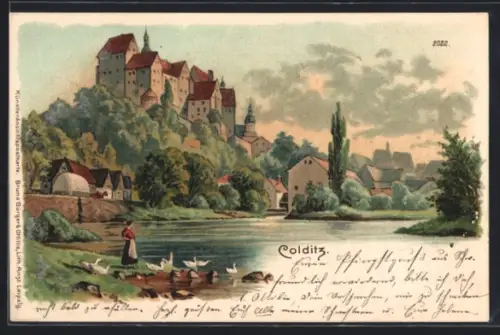 Lithographie Colditz, Schloss, Stadtansicht, Flussufer